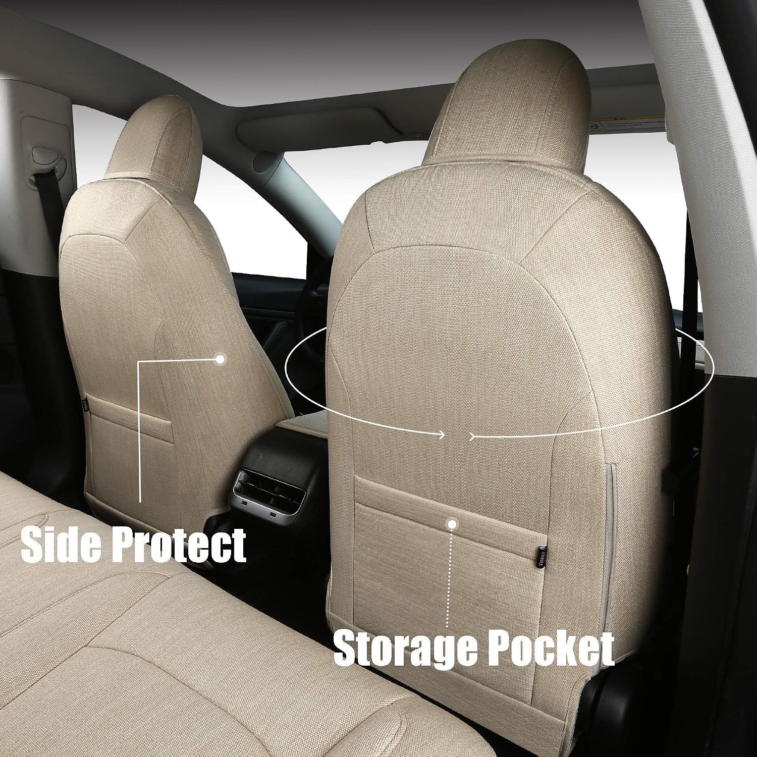 2 Front Seat Cover Custom Fit for Tesla Model 3 Model Y Synthetic Linen Car Seat Protector Cushion for Model 3 2017 2018 2019 2020 2021 2022 All Season (2 Front Beige Fabric)
