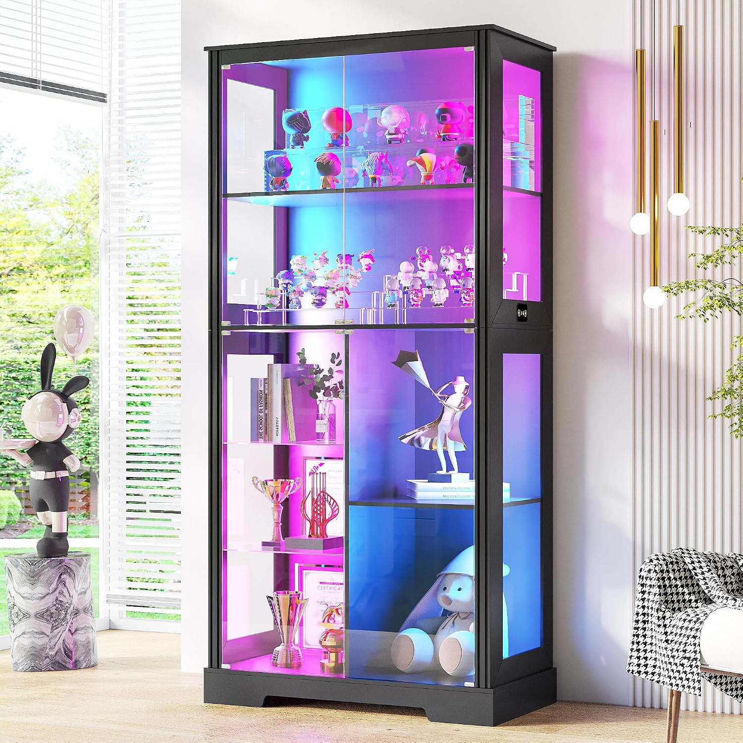 71' Glass Display Cabinet with RGB Light - Curio Cabinet with Glass Doors for Collectibles, 7-Tiers Tall Display Case with Human Sensor, Showcase with Removable Shelves for Figures, Lego (Black)