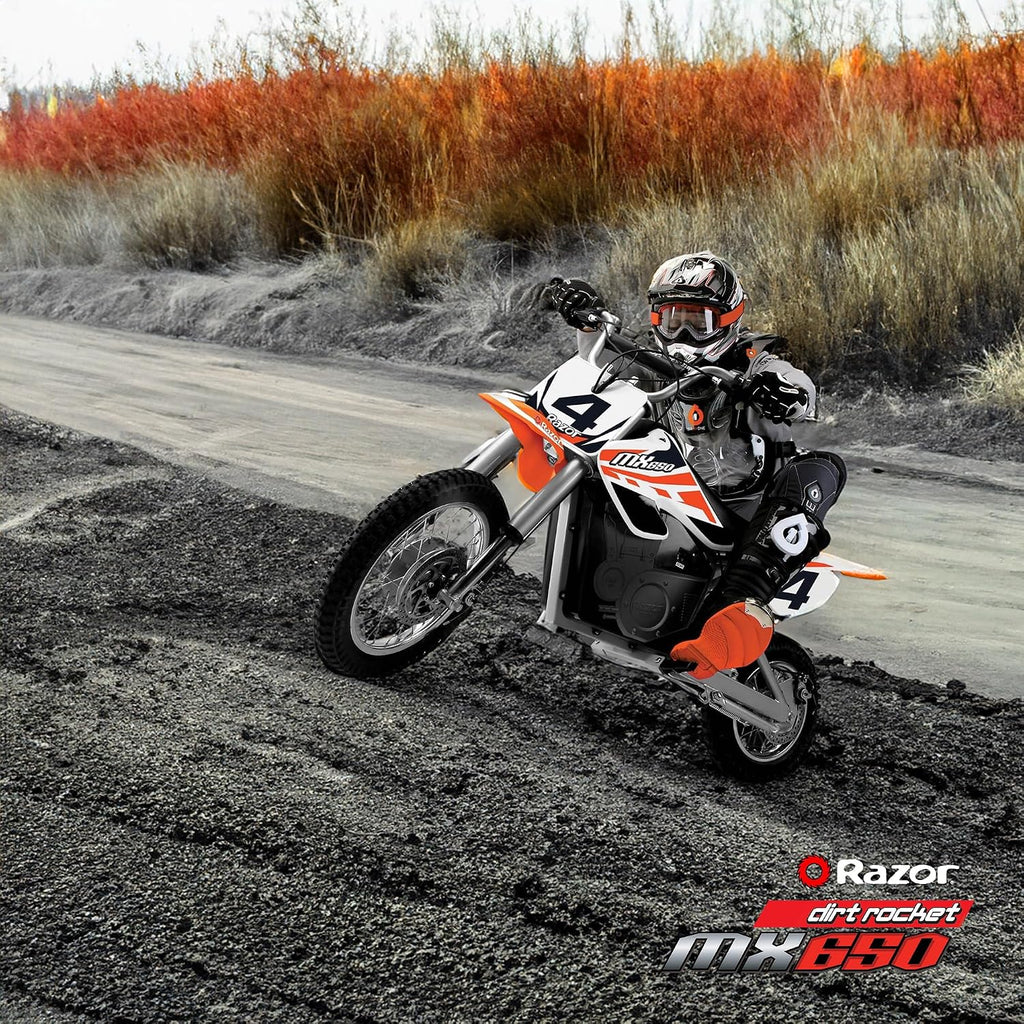 Razor MX650 Dirt Rocket Bike Electric Ride-On for Ages 16+, 220 lb Max Weight, Orange – 36V Battery, Up to 17 Mph, 40-Min Run Time, Twist-Grip Throttle, 16' Front and 14' Rear Pneumatic Tires