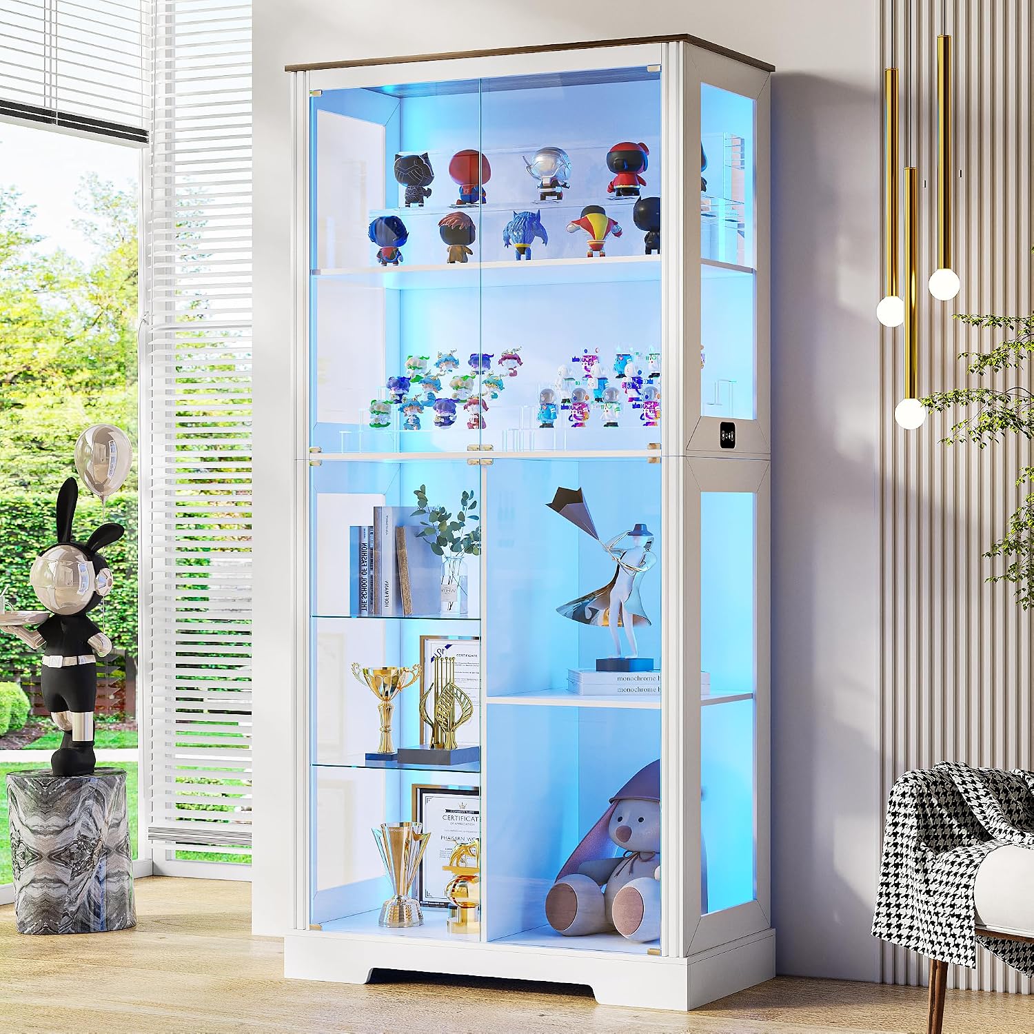 Lvifur 71' Display Cabinet with Glass Doors, Modern Curio Cabinet with 3 Color Lights, 7-Tiers Glass Display Cases for Collectibles, Tall Lego Storage Cabinet with Human Body Sensor (White)