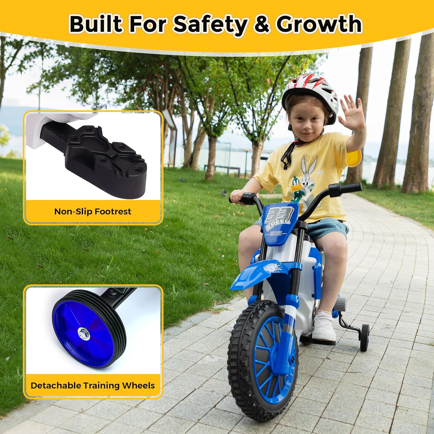 TOBBI Kids Motorcycle Dirt Bike 12V Electric Motorcycles Ride on Toys Battery Powered Motorbike Off-Road Motocross for Toddler Boys Girls 3-8 Years w/ 2 Speeds, 35W Dual Motors, Training Wheels, Blue