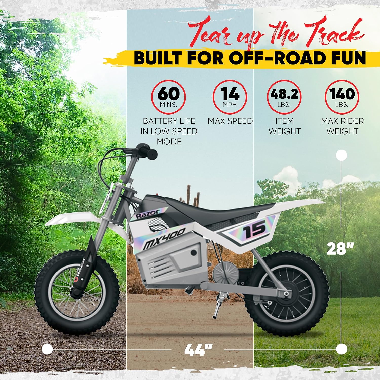 Razor MX400 Dirt Rocket Electric Bike for Kids Ages 8+, 140 lb Max Weight, White – 24V Battery, Up to 14 Mph, 30-Min Ride Time on High Speed, Twist-Grip Throttle, Spoked Wheels w/ 12' Pneumatic Tires