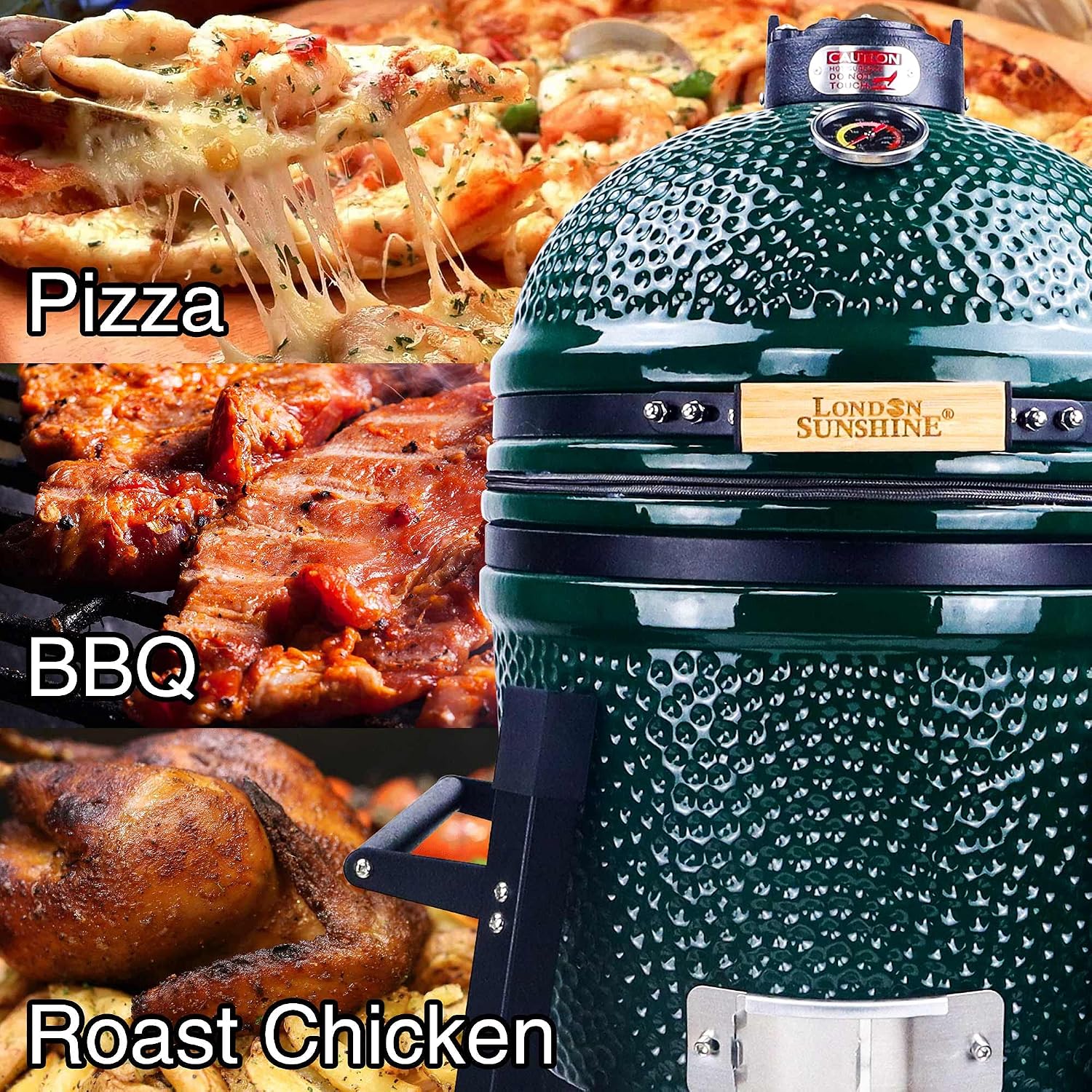 London Sunshine Ceramic Kamado Charcoal BBQ Grill and Smoker, Stainless Steel Grates -15' Ceramic with Tall Stand (GREEN)