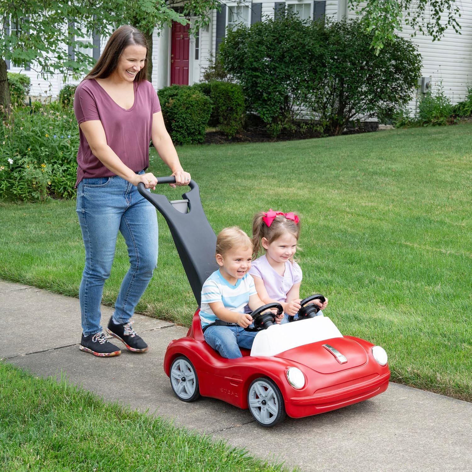 Step2 Side-by-Side Push Around Roadster, Kids Push Car, 2 Seat Ride On Car, Seat Belts & Horn, for Toddlers 1.5-4 Years Old, Red