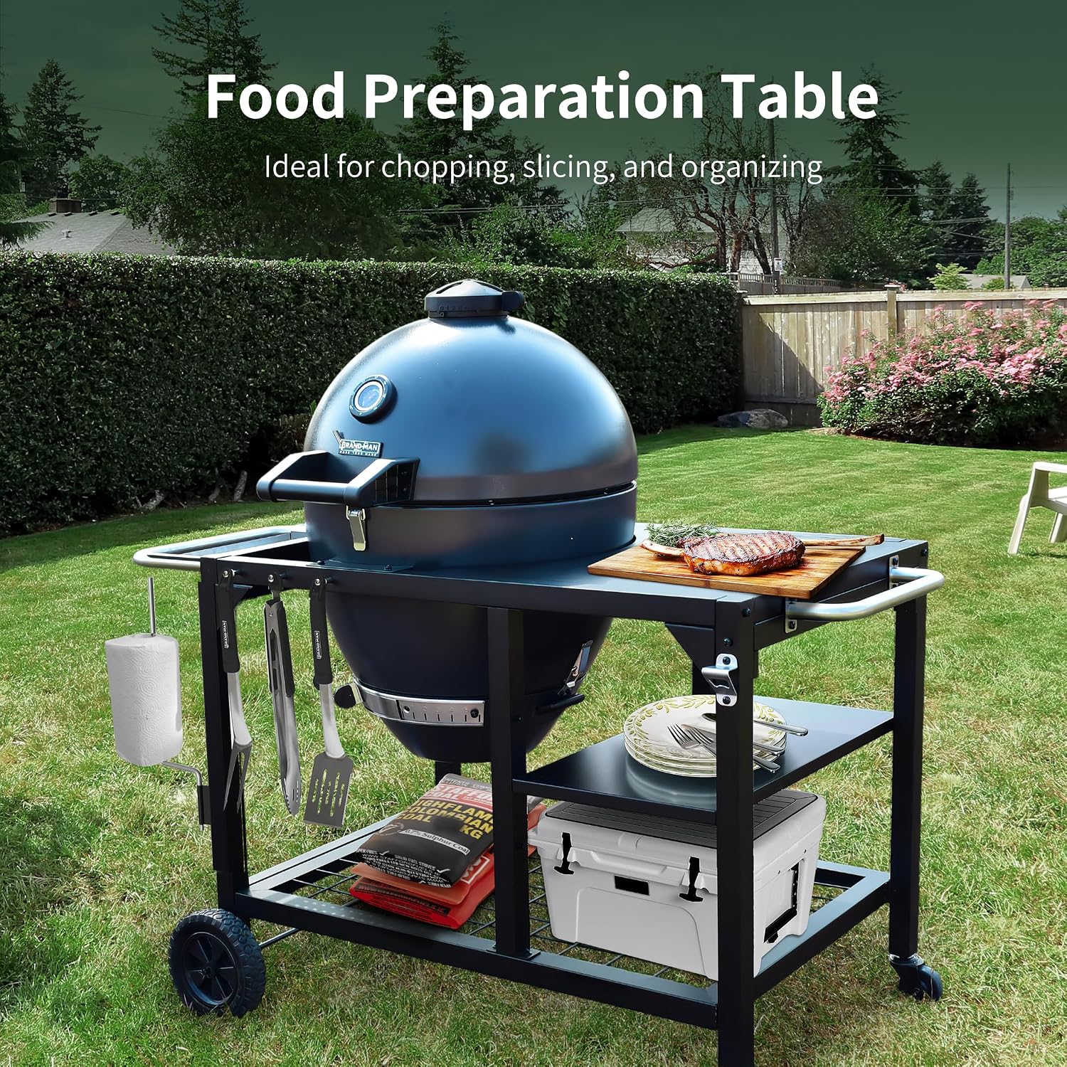 Brand-Man Charcoal Grill & Smoker Steel Kamado - 22' Cast Iron Grates, Grilling Basket, Large Prep Table Cart, Ideal for Outdoor Cooking