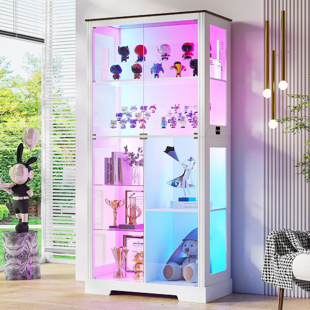 71' Glass Display Cabinet with RGB Light - Curio Cabinet with Glass Doors for Collectibles, 7-Tiers Tall Display Case with Large Shelves, Showcase for Lego, Figures, Human Sensor Design (White)