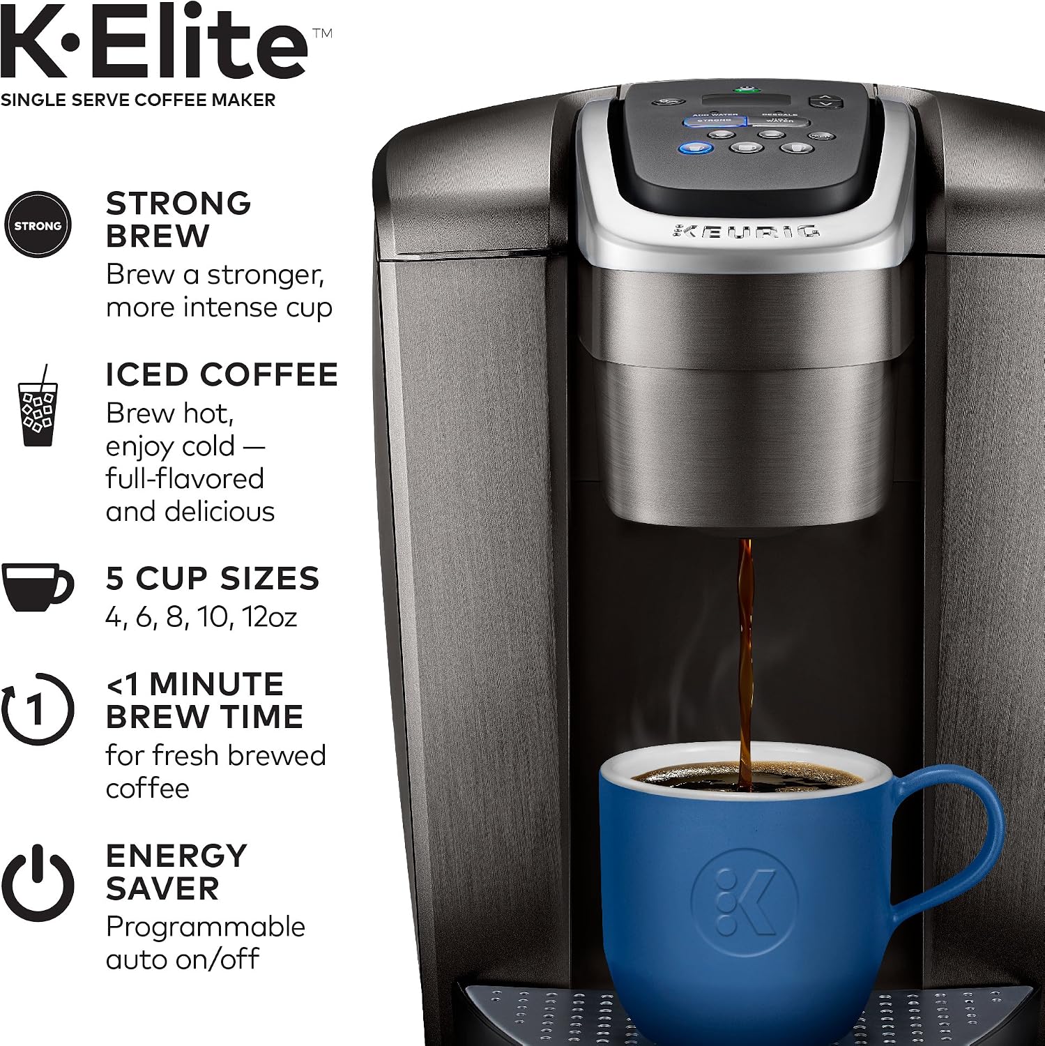 Keurig K-Elite Brushed Slate Single Serve Coffee Maker Milk Frother for Hot and Cold Milk Foam
