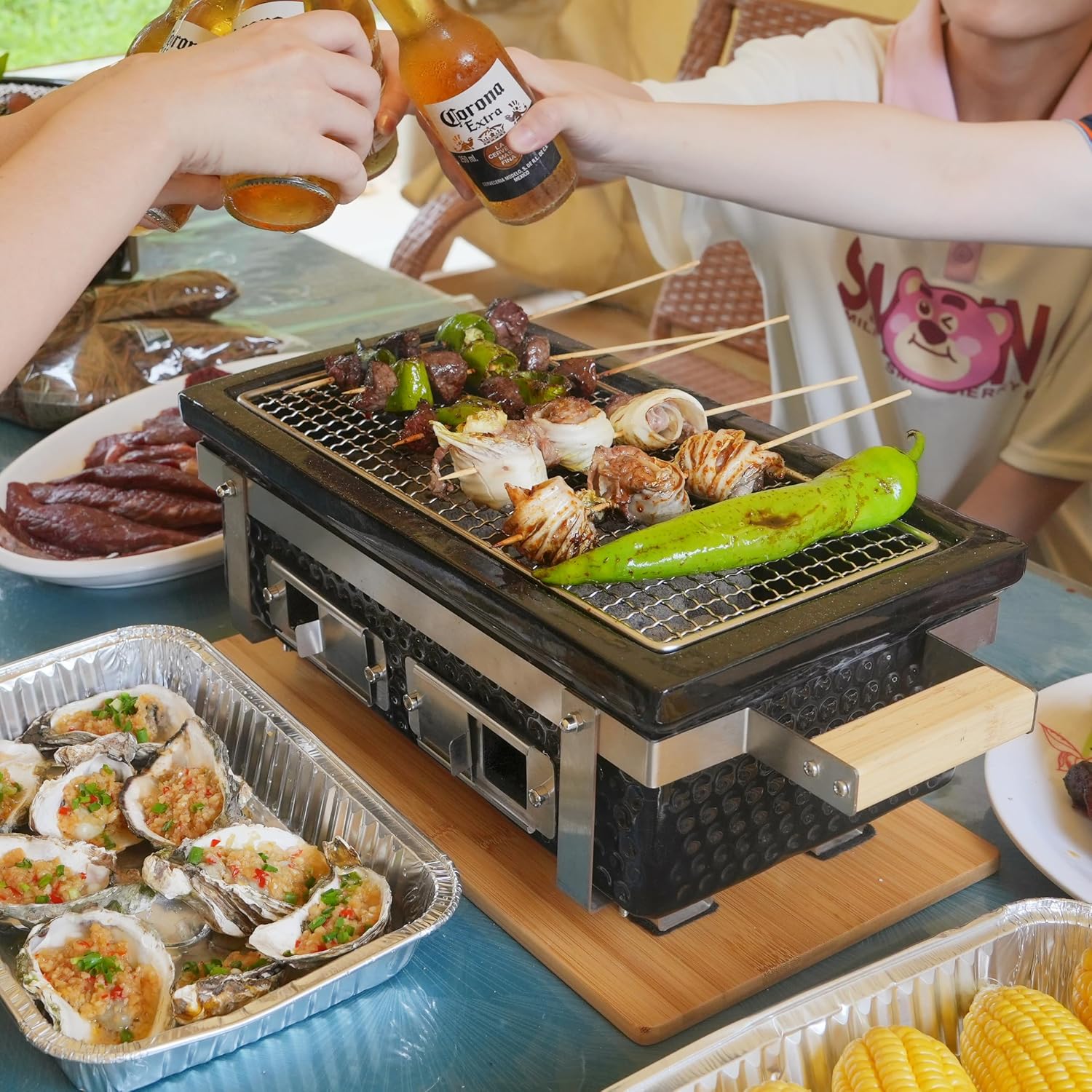 Yakitori Ceramic Charcoal Grill, Japanese Style Tabletop BBQ With Bamboo Heat Shield For Indoor/Outdoor, Square, 16'x9'