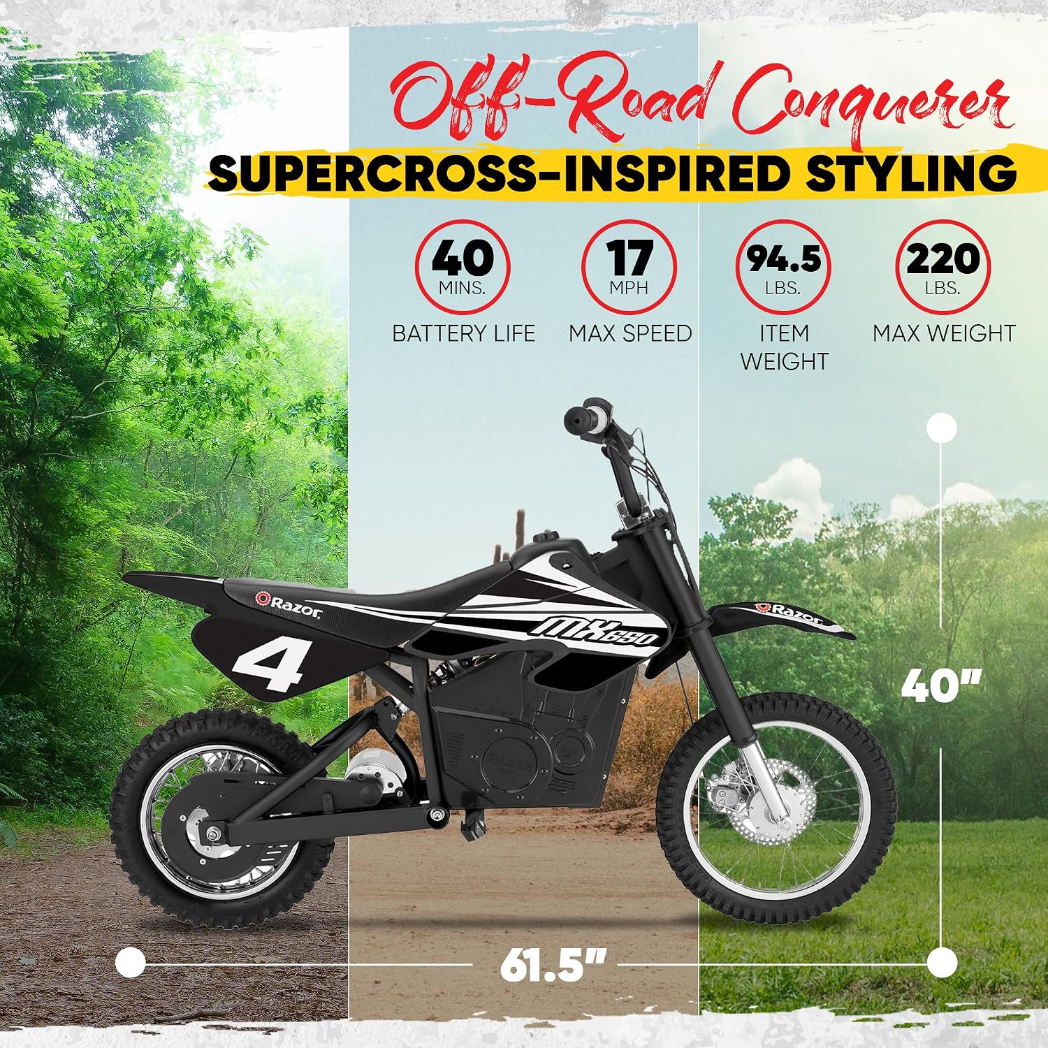 Razor MX650 Dirt Rocket Bike Electric Ride-On for Ages 16+, 220 lb Max Weight, Black – 36V Battery, Up to 17 Mph, 40-Min Run Time, Twist-Grip Throttle, 16' Front and 14' Rear Pneumatic Tires