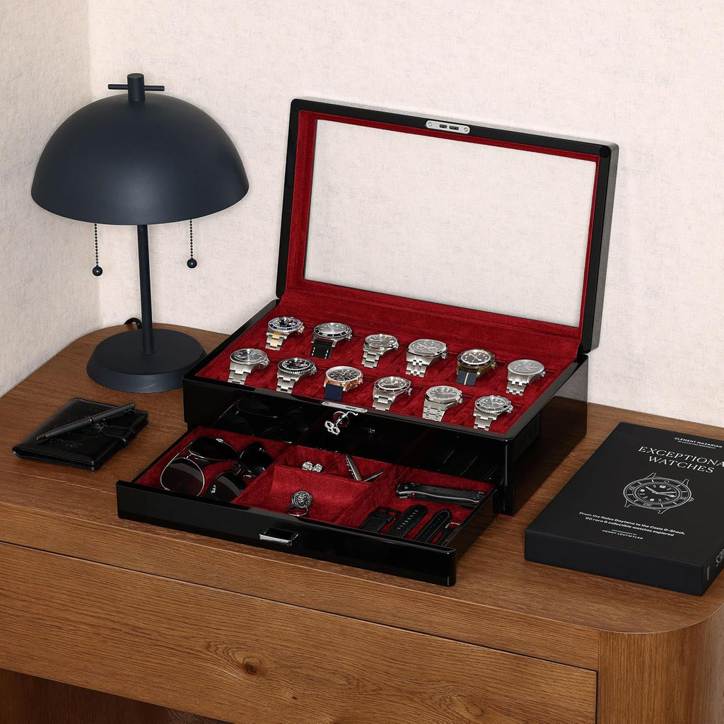 ROTHWELL 12-Slot Piano Black Watch Box with Valet Drawer - Premium Jewelry Display Case Organizer with Locking Glass Top and Microsuede Liner for Men & Women (Red Interior)