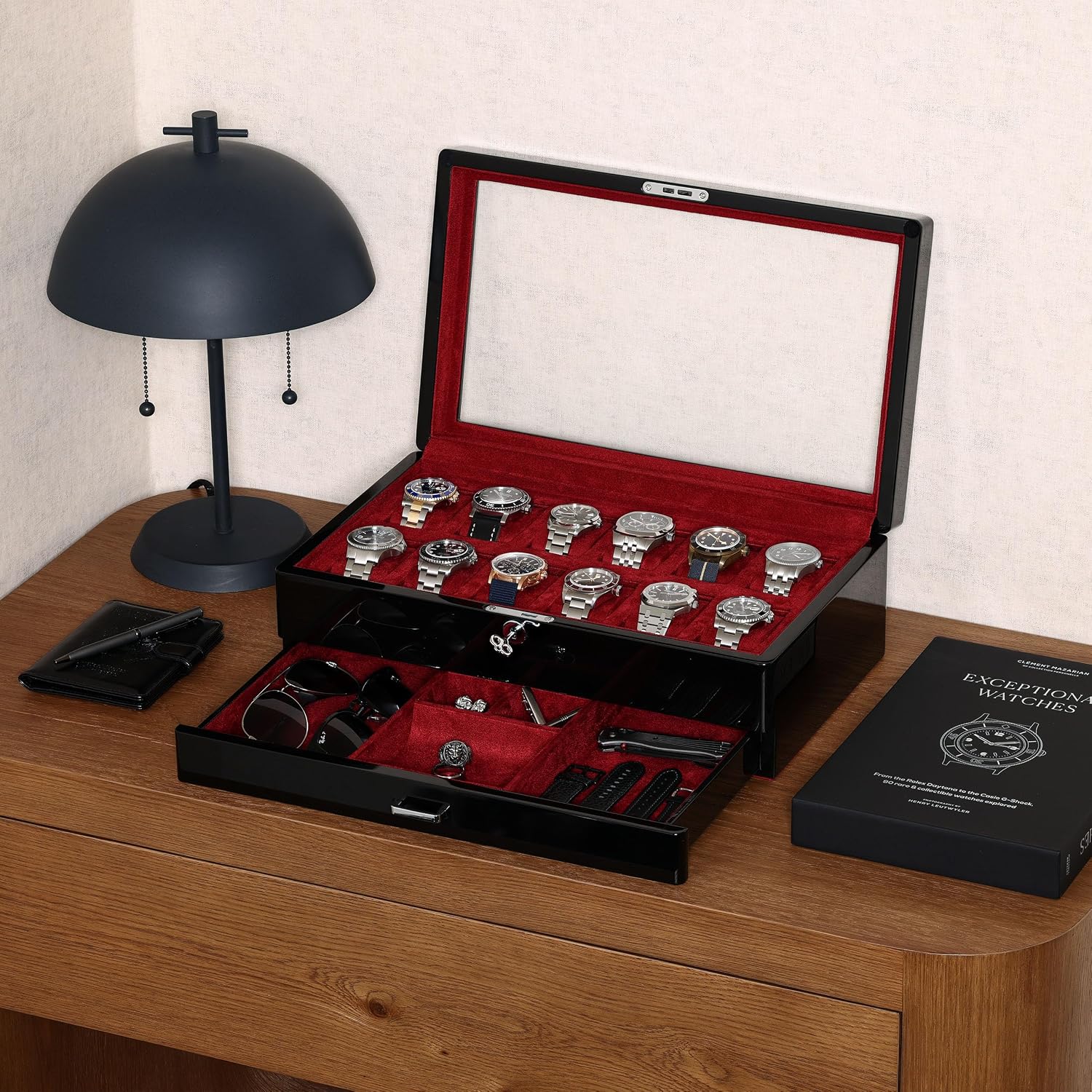 ROTHWELL 12-Slot Piano Black Watch Box with Valet Drawer - Premium Jewelry Display Case Organizer with Locking Glass Top and Microsuede Liner for Men & Women (Red Interior)