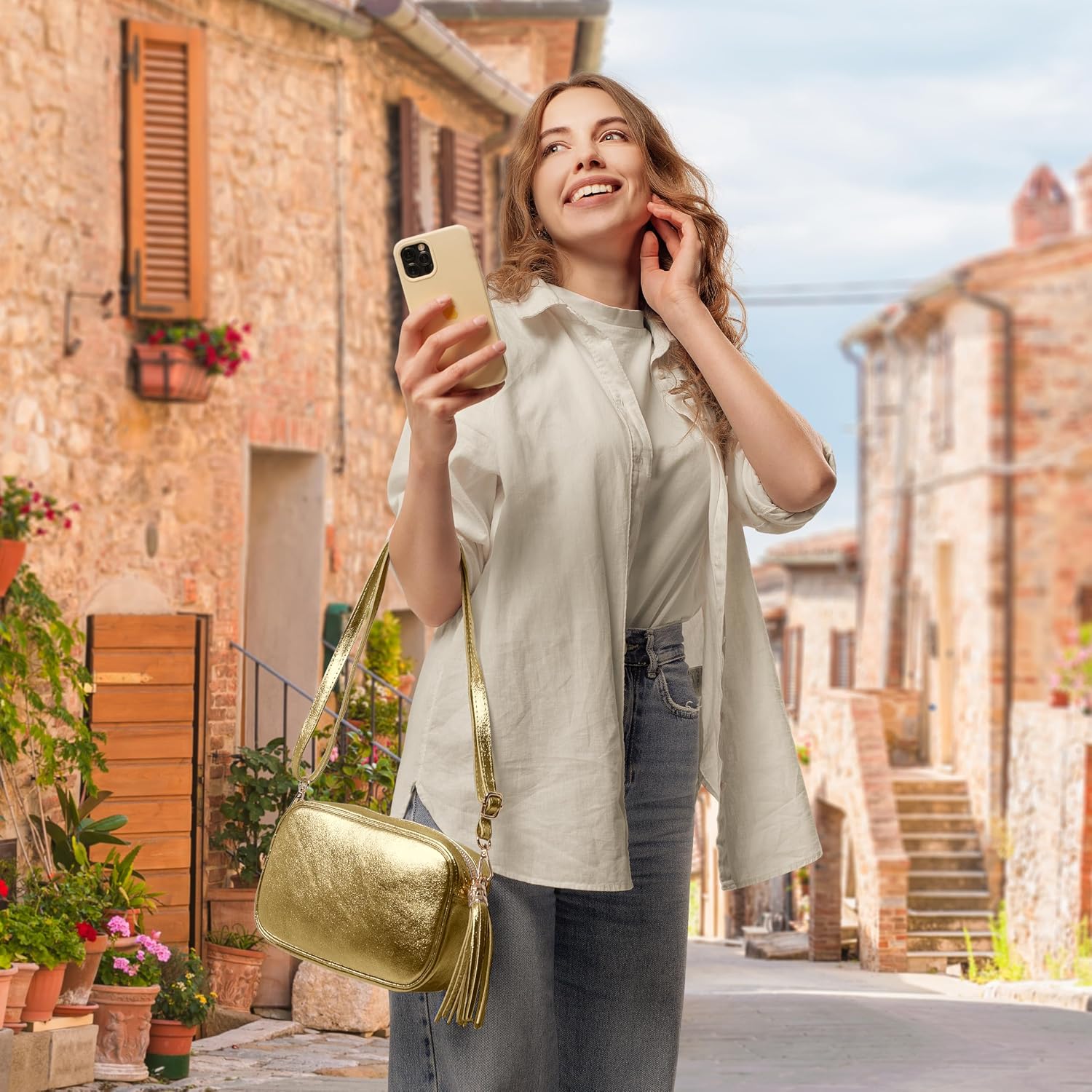 Italian Genuine Metallic Suede Crossbody Bag for Women with Zipper | Small Leather Camera Purse Shoulder Handbag Pocketbook