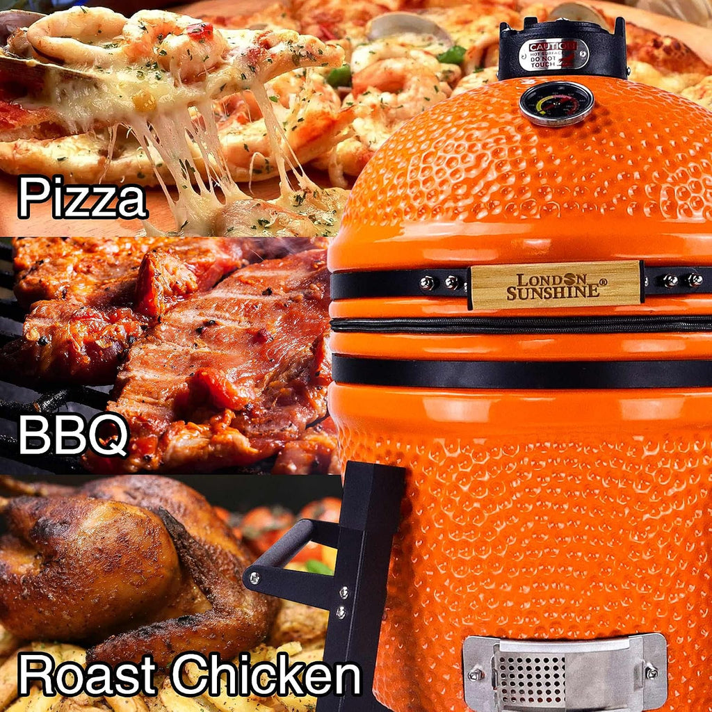 London Sunshine Ceramic Kamado Charcoal BBQ Grill and Smoker, Stainless Steel Grates -15' Ceramic with Tall Stand (ORANGE)