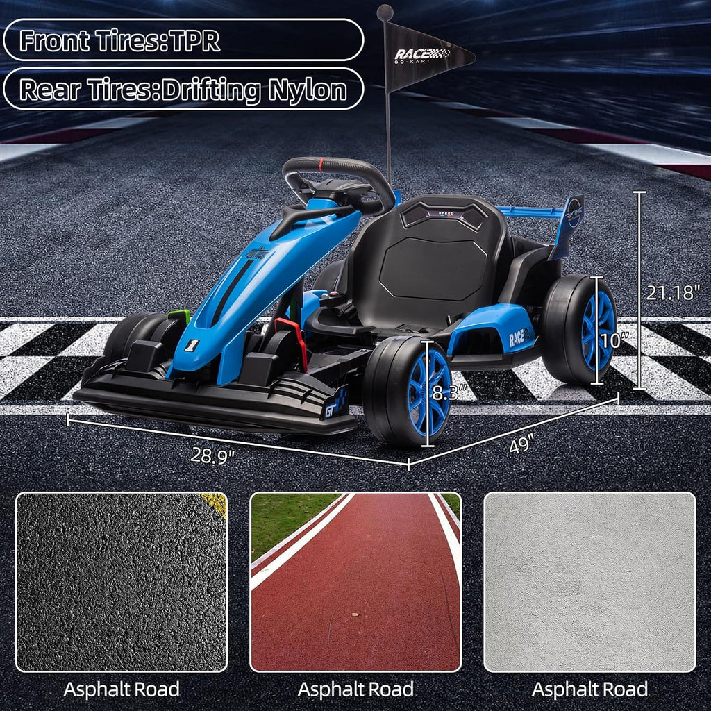 GarveeLife 24V Kids Ride on Go Kart, 7.5 mph Variable High Speed Drifting Car, 7ah Battery 200W*2 Motors,Adjustable Legroom for Kids Grows, Max Load 135 LBS, Power Display Racing Toy for 6+,Blue
