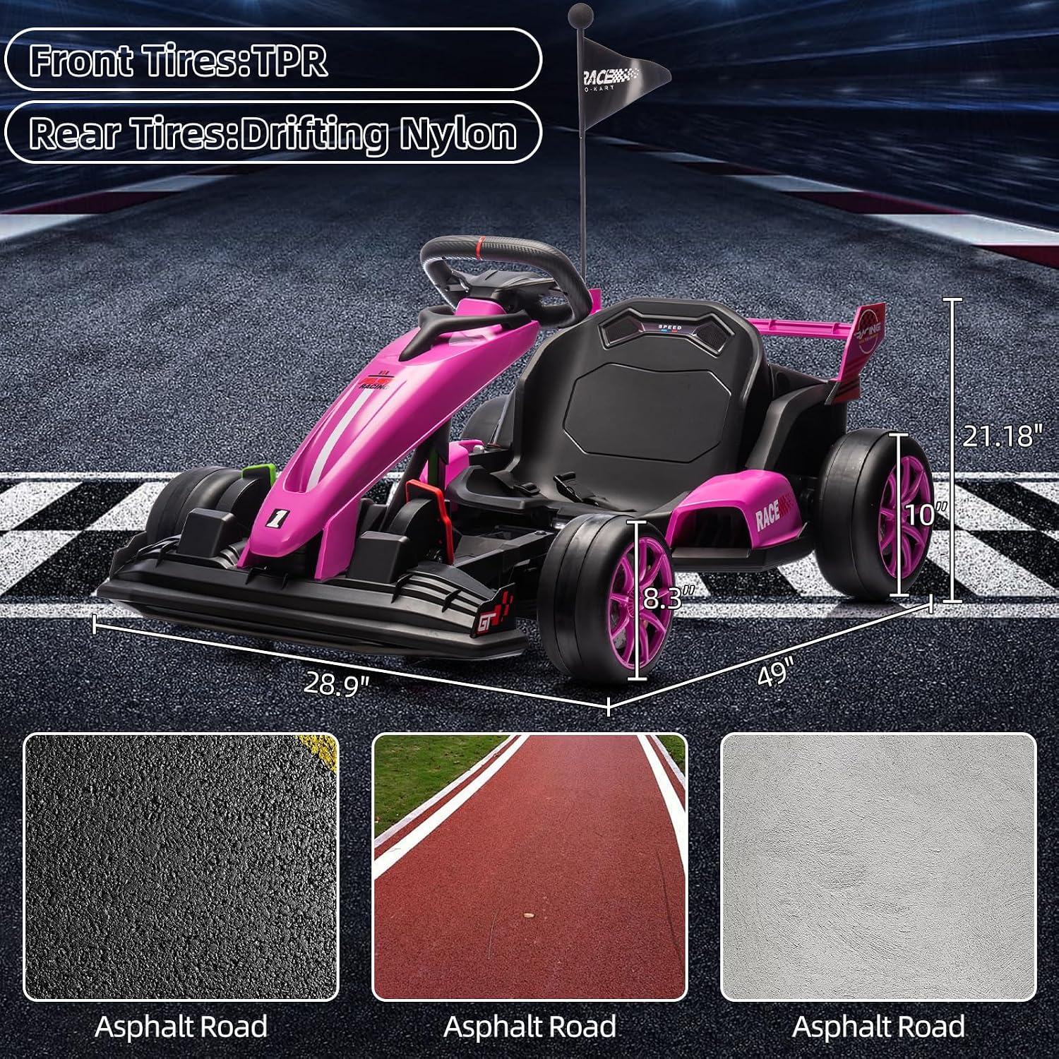 GarveeLife 24V Kids Ride on Go Kart, 7.5 mph Variable High Speed Drifting Car, 7ah Battery 200W*2 Motors,Adjustable Legroom for Kids Grows, Max Load 135 LBS, Power Display Racing Toy for 6+,Pink