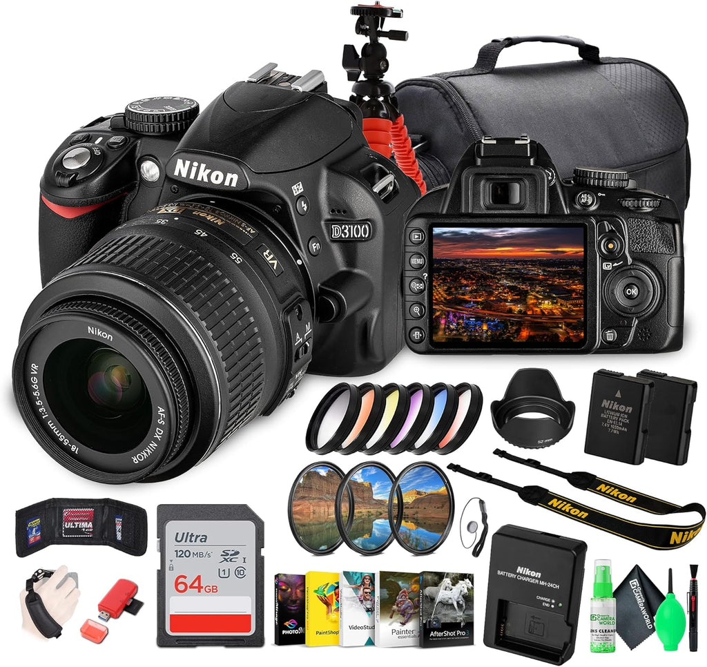 Nikon D3100 DSLR Camera Kit with 18-55mm VR Lens – Beginner-Friendly & Compact (25472) + Photography Software + Camera Bag + 64GB Memory Card + Flexible Tripod + Cleaning Kit + Hand Strap + More