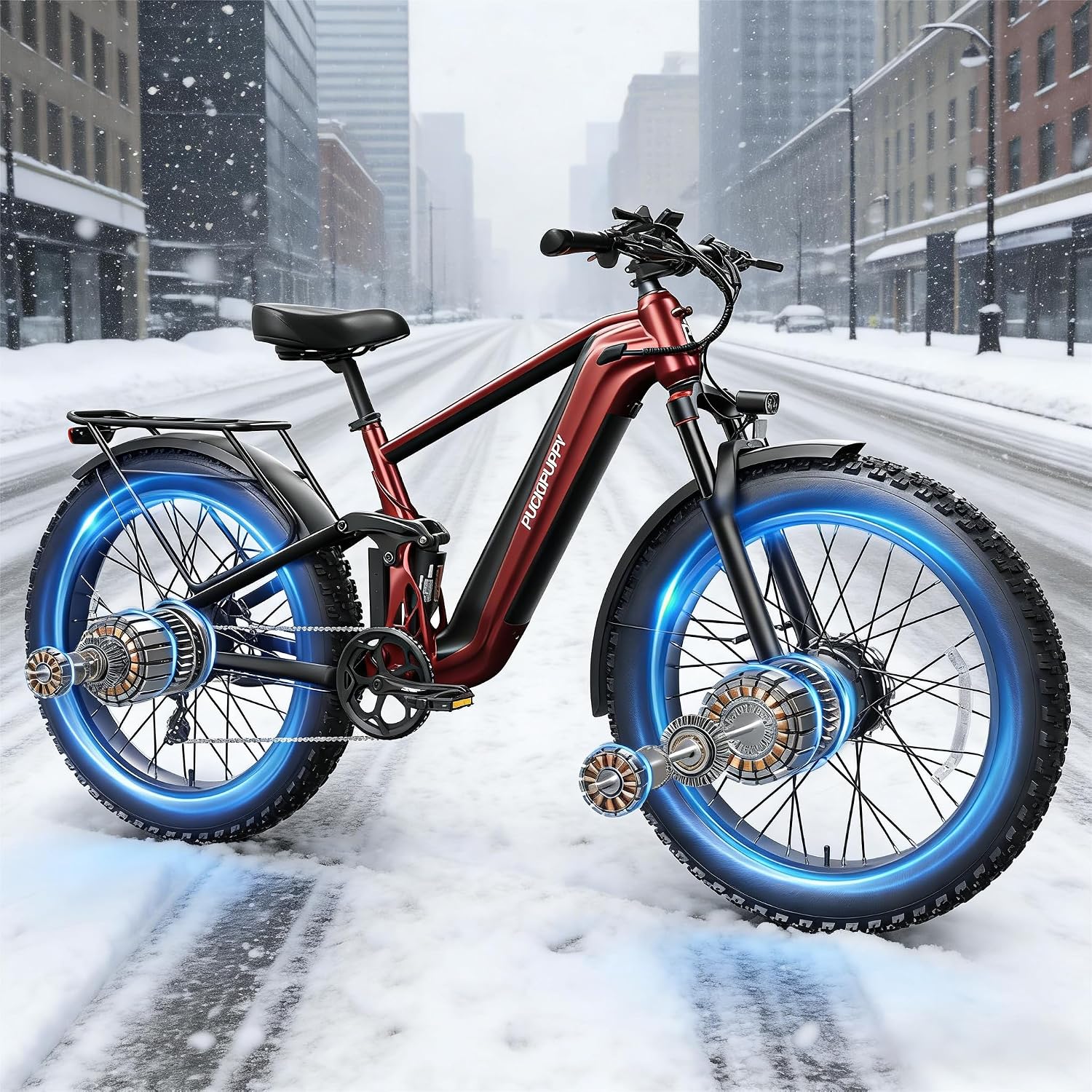 PUCKIPUPPY Dual Motor Electric Bike for Adults 1600W, 48V 20AH Battery with Torque Sensor, Full Suspension, 26' Fat Tire, 28MPH, 8 Speed Mountain Electric Bicycle, 80 Mile Range, Golden Retriever Pro