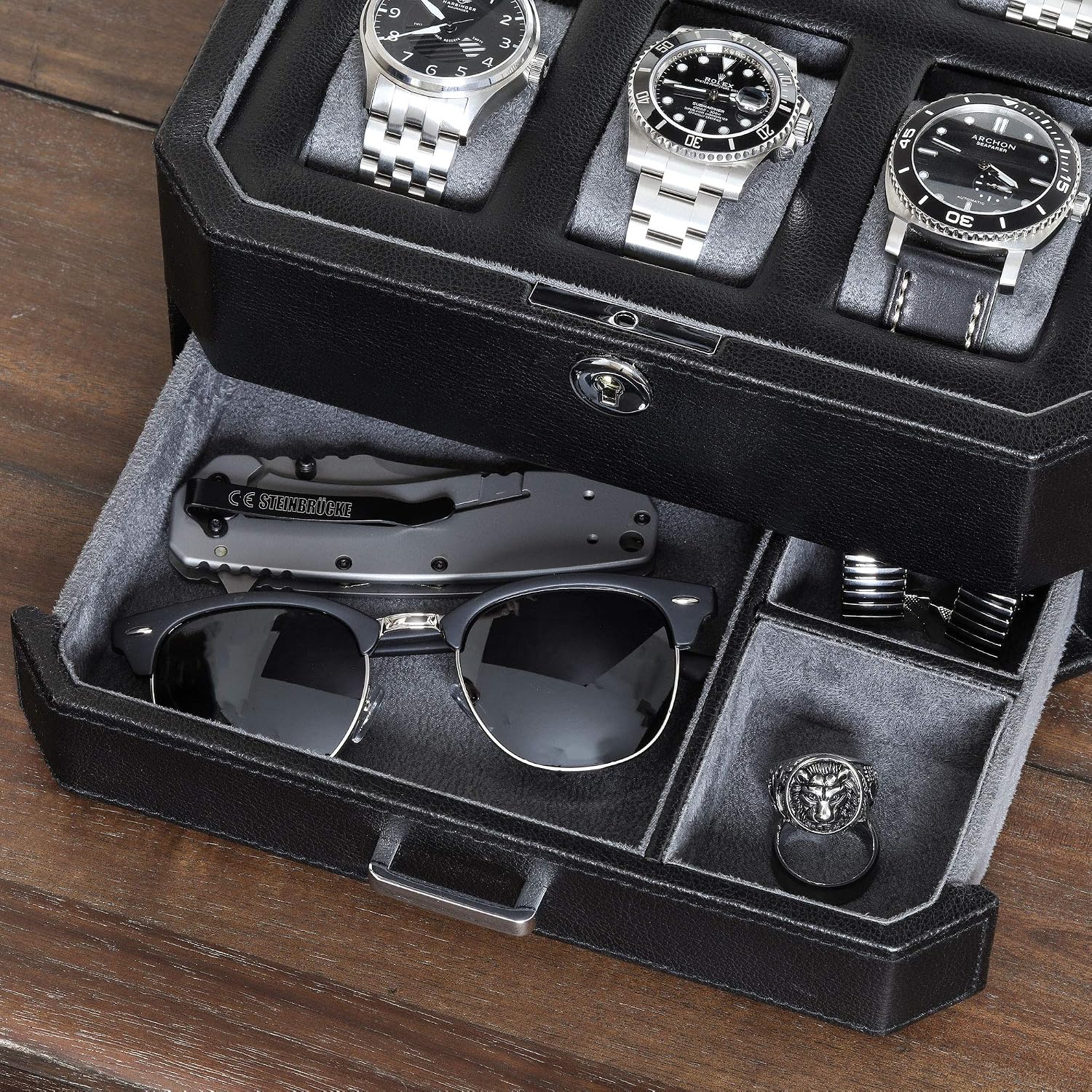 ROTHWELL Gift Set 6 Slot Leather Watch Box and 2 Watch Travel Case - Luxury Case Organizer, Microsuede Liner, Locking Mens Jewelry Watches Holder, Storage Boxes Glass Top (Black/Grey Gift Set)