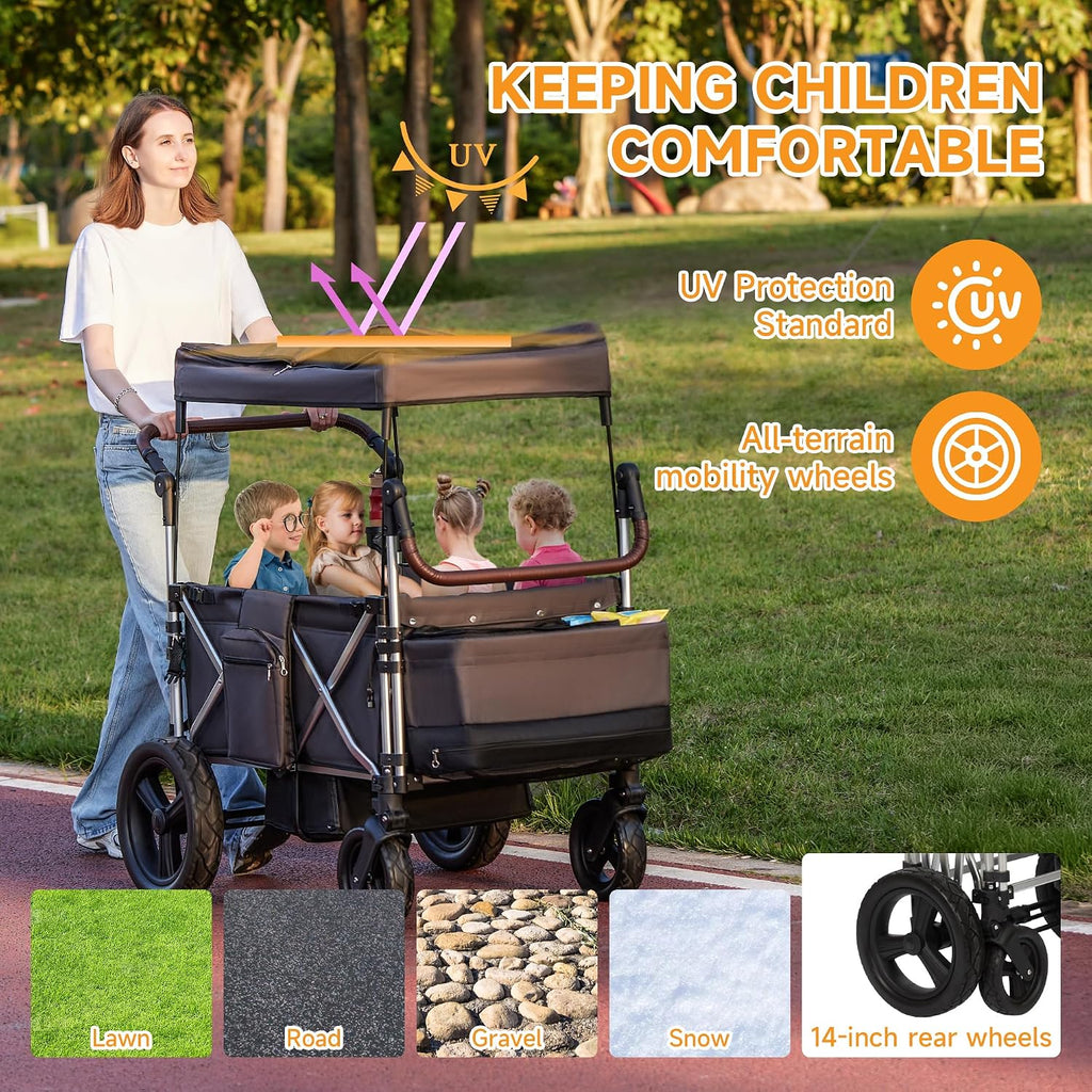 Stroller Wagon 4 Seater, Folding Push Wagon for 4 Kids, Collapsible with 5-Point Safety Belt and Canopy, Adjustable Handle, All-Terrain Mobility
