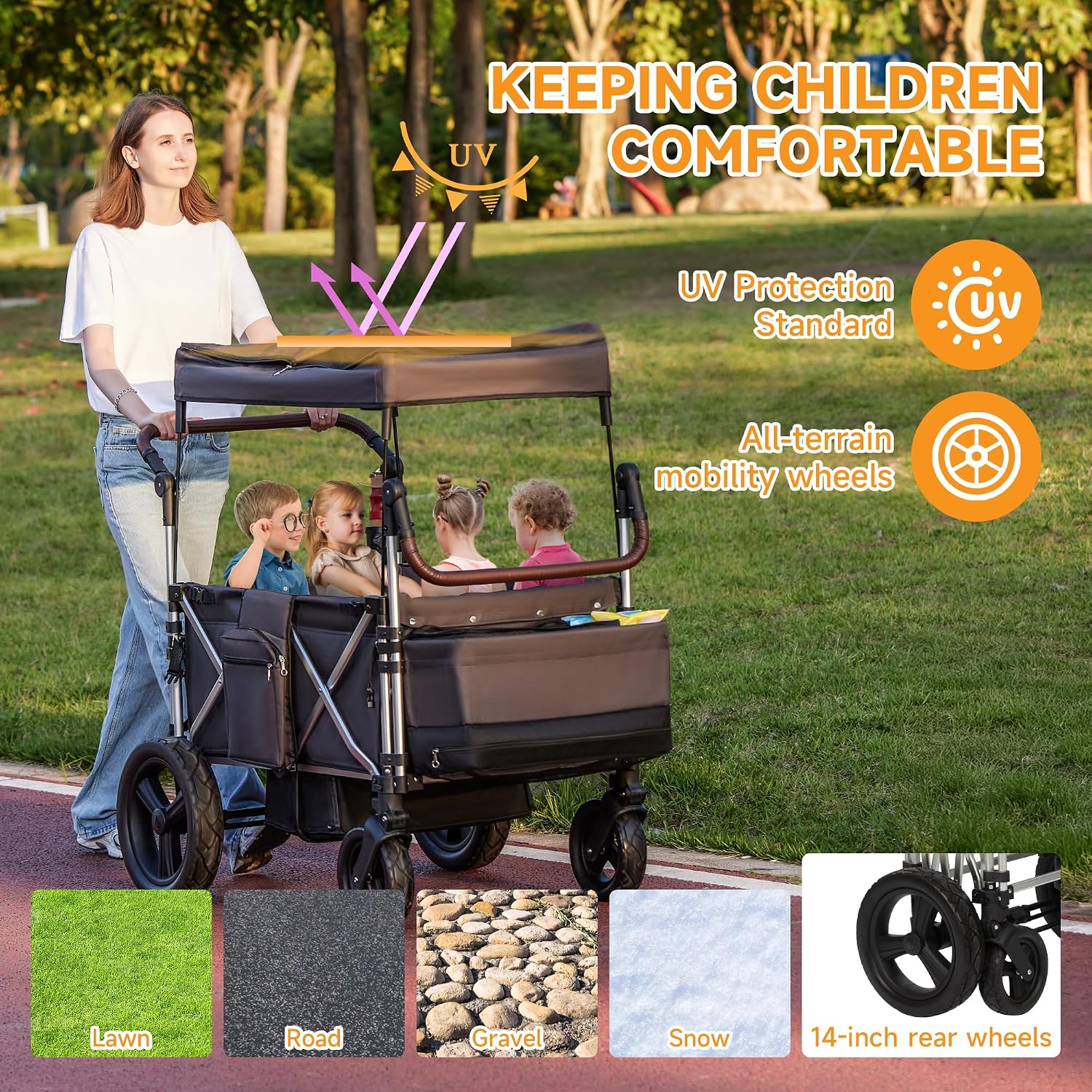 Stroller Wagon 4 Seater, Folding Push Wagon for 4 Kids, Collapsible with 5-Point Safety Belt and Canopy, Adjustable Handle, All-Terrain Mobility