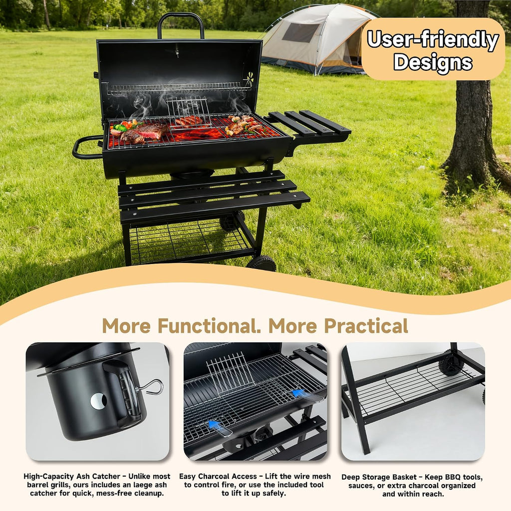Charcoal Grill with Lid, 27' Outdoor BBQ Grill with Thermometer, Side Shelves, Wheels & Ash Catcher, Large Barrel Charcoal Smoker for Backyard, Camping & Outdoor Cooking
