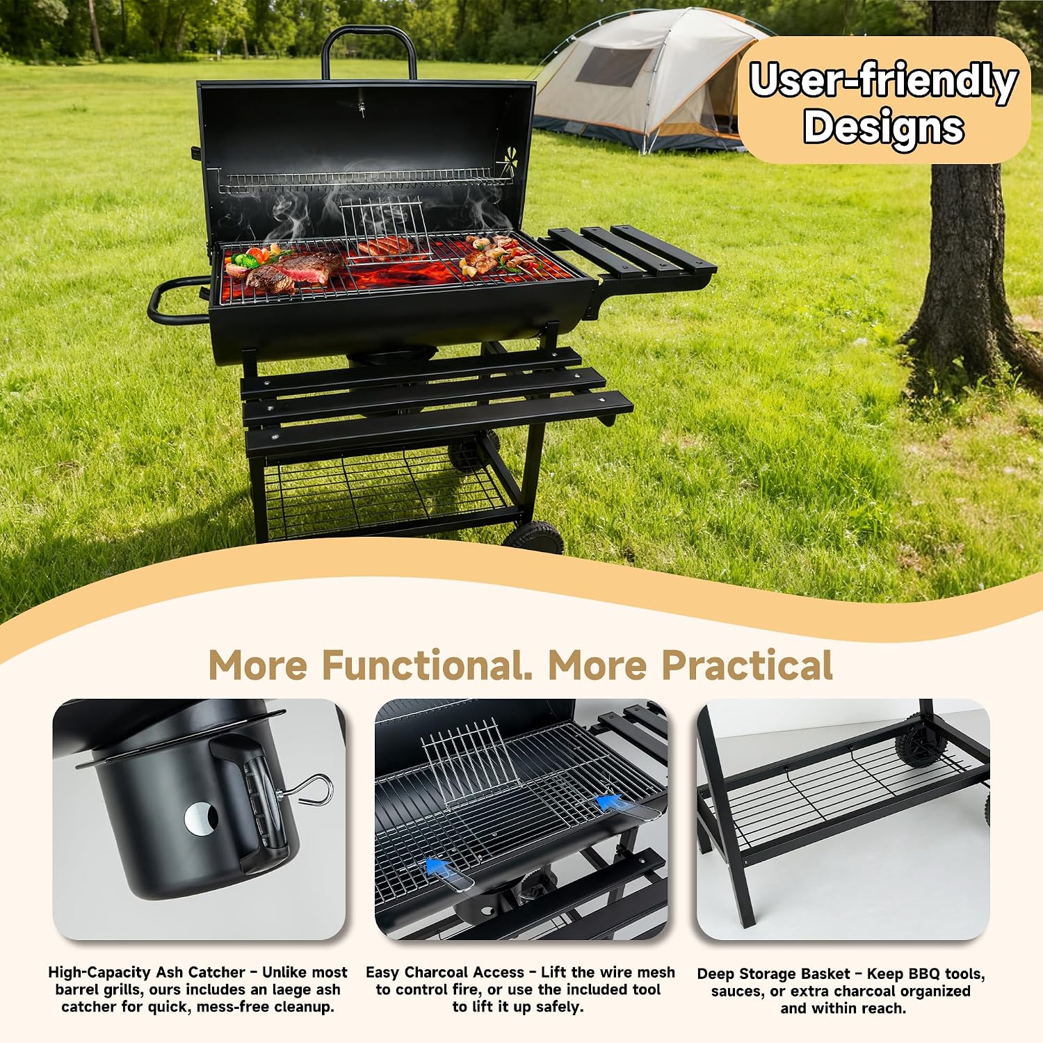 Charcoal Grill with Lid, 27' Outdoor BBQ Grill with Thermometer, Side Shelves, Wheels & Ash Catcher, Large Barrel Charcoal Smoker for Backyard, Camping & Outdoor Cooking