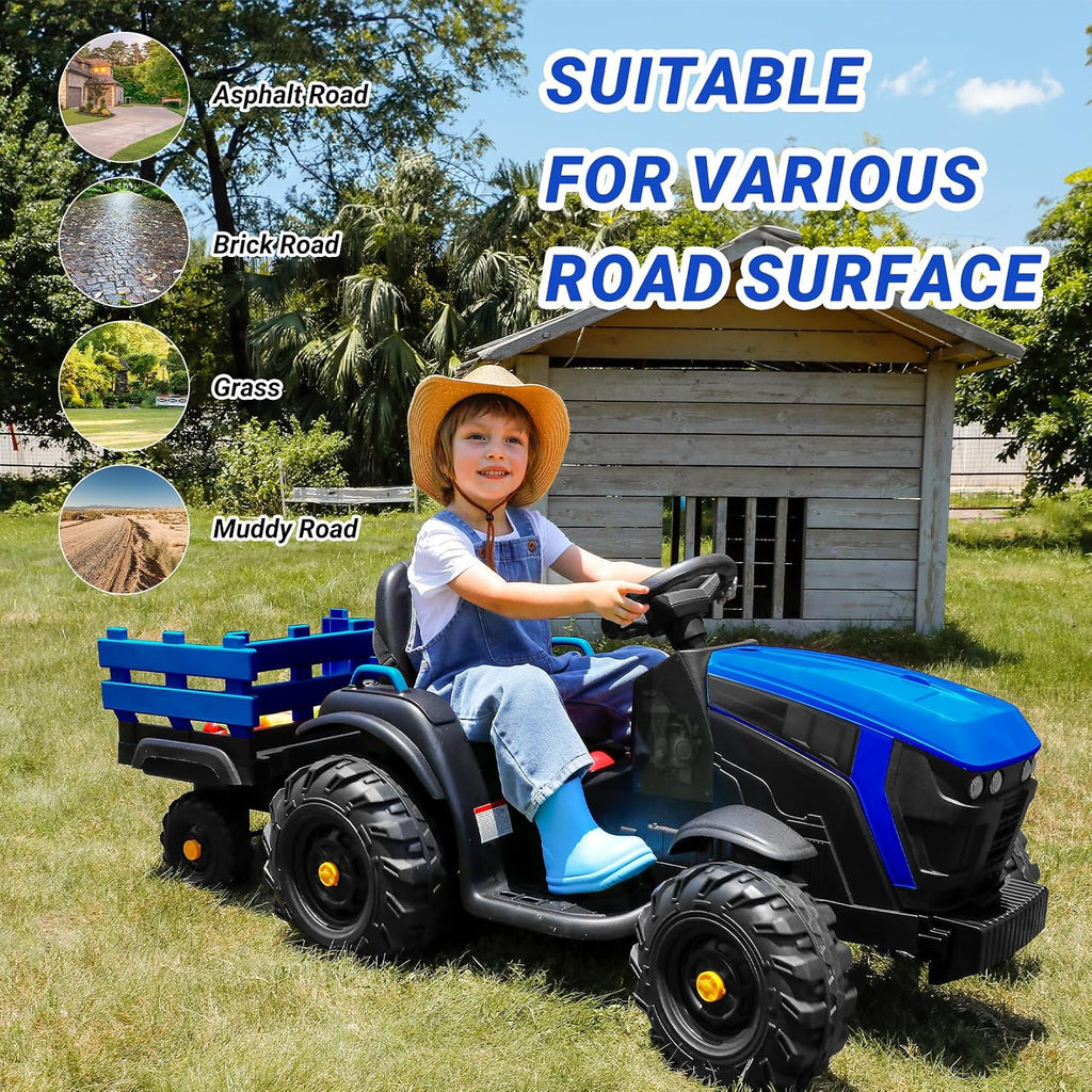 ELEMARA 24V 9AH Kids Ride on Tractor with Easy Detachable Trailer,Electric Vehicles Ride On Tractor Car for Big Kid,400W Ride on Toys with Shovel,All-Terrain Capability,for Ages 3+, Music, Navy