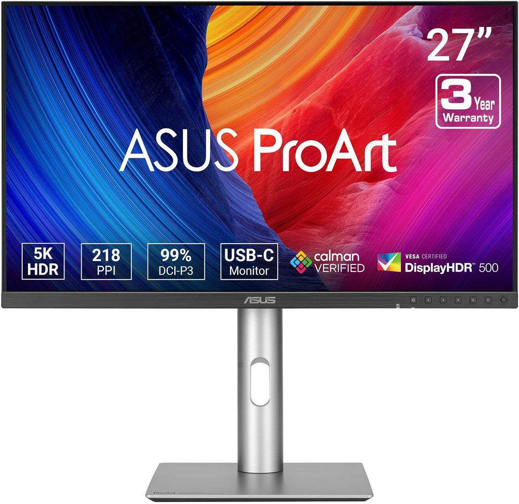 ASUS ProArt Display 27' 5K HDR Professional Monitor (PA27JCV) - 5K (5120 x 2880), IPS, 99% DCI-P3, 100% sRGB, ΔE < 2, USB-C PD 96W, Calman Verified, Color Accurate, LuxPixel, 3 yr Warranty