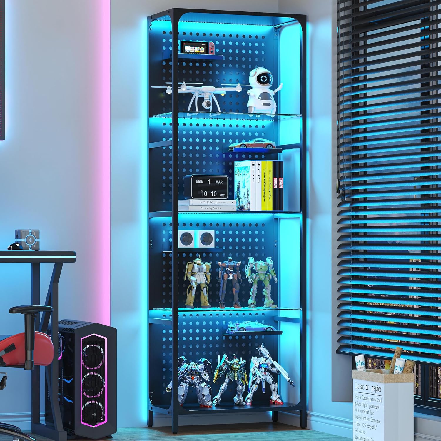 kepptory LED Display Shelf for Collectibles, 4-Tier Glass Shelf with Small Display Shelves and Pegboard Design, Tall Narrow Gaming Shelves with Anti-Tipping Device, Black (65 Inch)