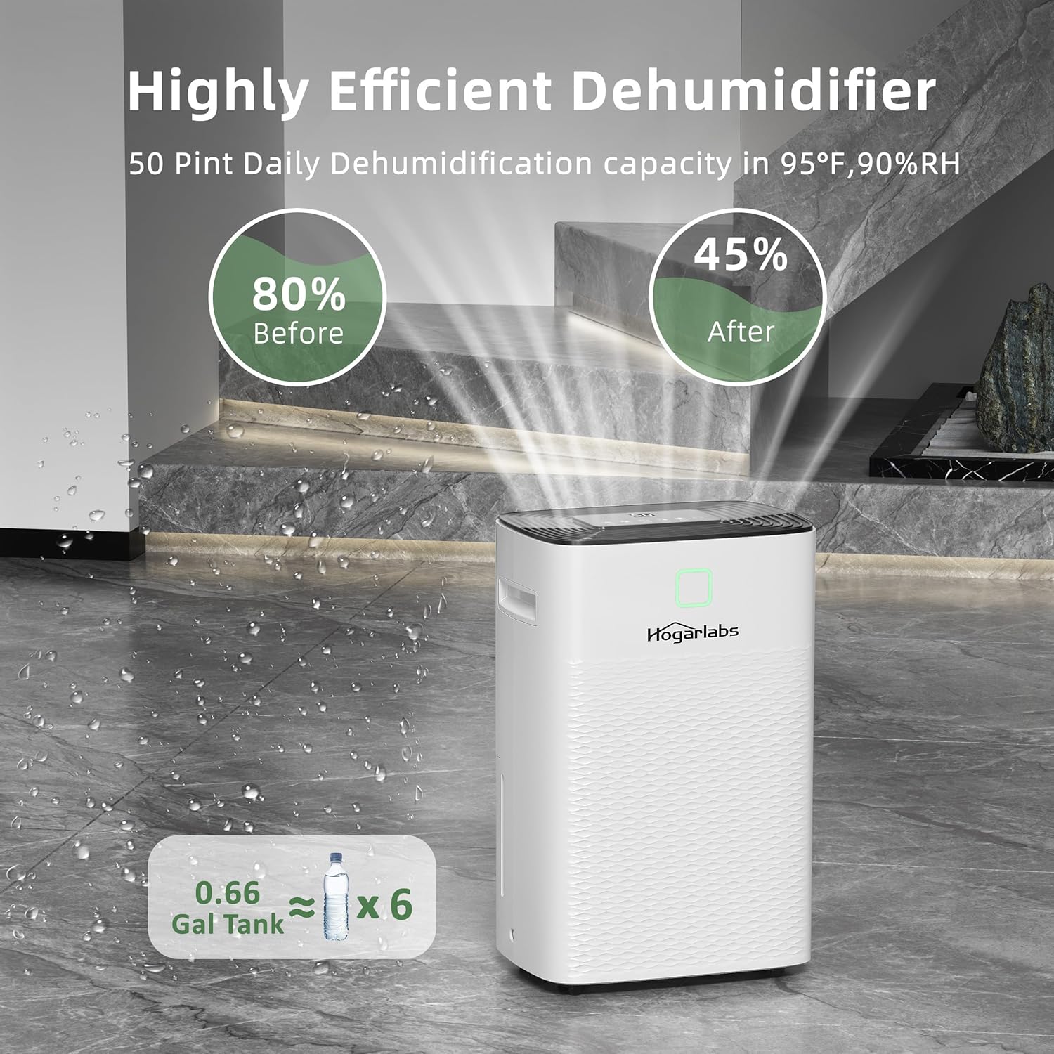 HOGARLABS Smart Dehumidifiers for Home and Basements, with 3 Working Modes, Overflow Protection, Dehumidifier with Drain Hose and Digital Control Panel. (50 Pints for basement)
