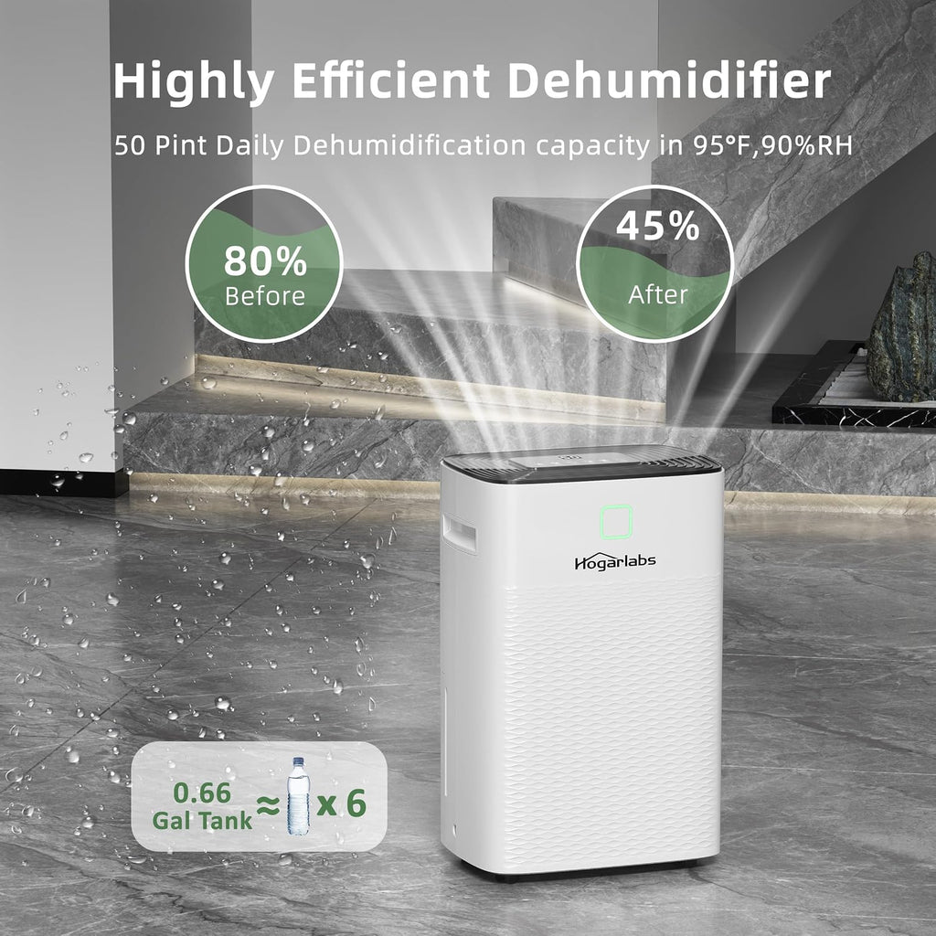 HOGARLABS Smart Dehumidifiers for Home and Basements, with 3 Working Modes, Overflow Protection, Dehumidifier with Drain Hose and Digital Control Panel. (50 Pints for basement)