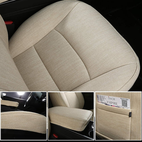 2 Front Seat Cover Custom Fit for Tesla Model 3 Model Y Synthetic Linen Car Seat Protector Cushion for Model 3 2017 2018 2019 2020 2021 2022 All Season (2 Front Beige Fabric)