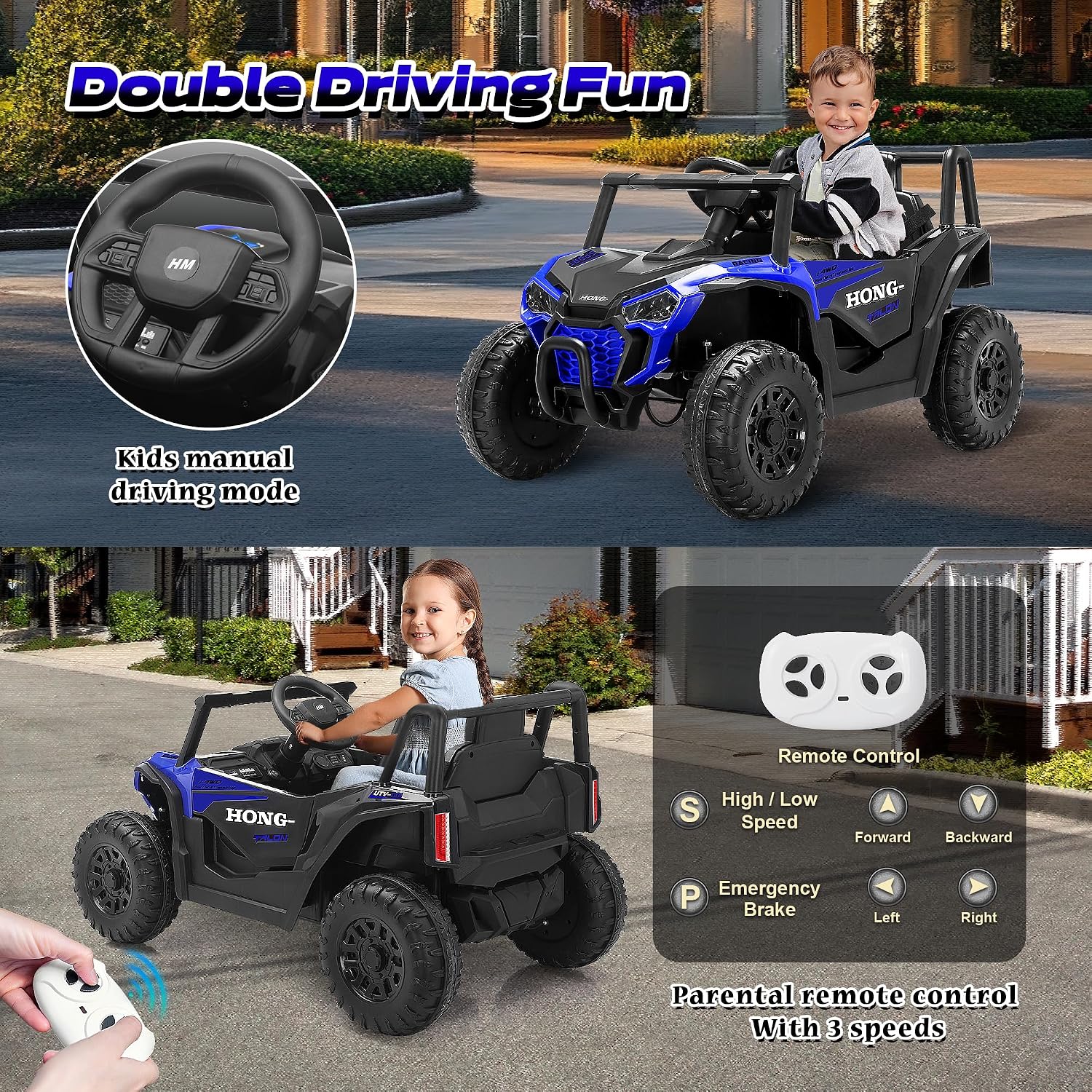 12V Kids Electric Car, Ride on Car Truck with Remote Control, LED Lights, 3 Speed Adjustable, Music, Safety Belt, Soft Start, Horn, Ride on Toys for Toddlers Boys Girls 3-6, Blue