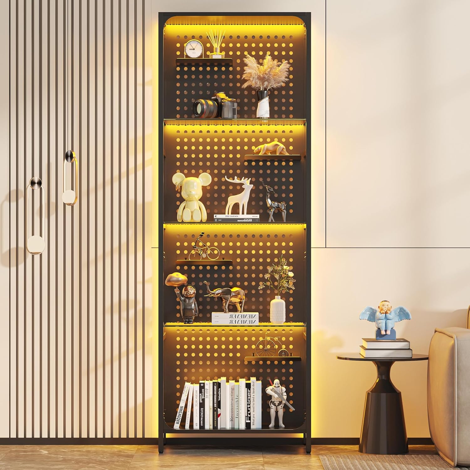 kepptory LED Display Shelf for Collectibles, 4-Tier Glass Shelf with Small Display Shelves and Pegboard Design, Tall Narrow Gaming Shelves with Anti-Tipping Device, Black (65 Inch)