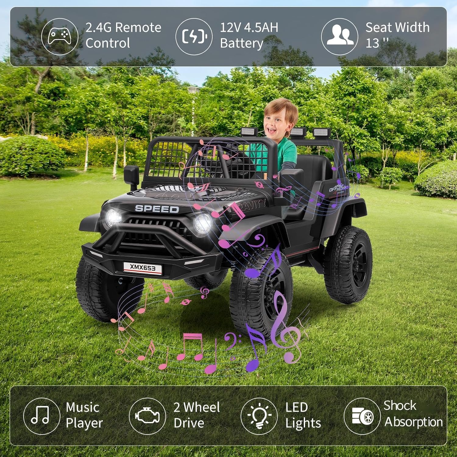 12V Kids Ride on Car Truck, Kids Electric Vehicles Car Ride on Toy Extra Wide Seat and Legroom for Toddlers with Remote Control, 3 Speeds, LED Light, Music, USB for Children 3-6 Years, Black