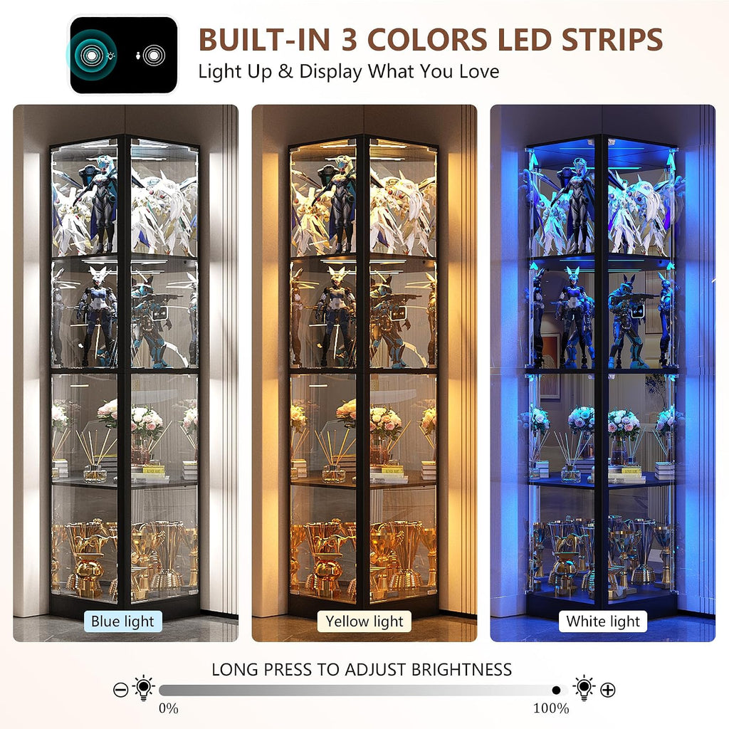 Dystler Corner Display Cabinet with Glass Doors, 68' Display Case with LED Lights, 4-Tier Curio Cabinets for Collectibles, Toys, Books, Modern Storage Cabinet, Black