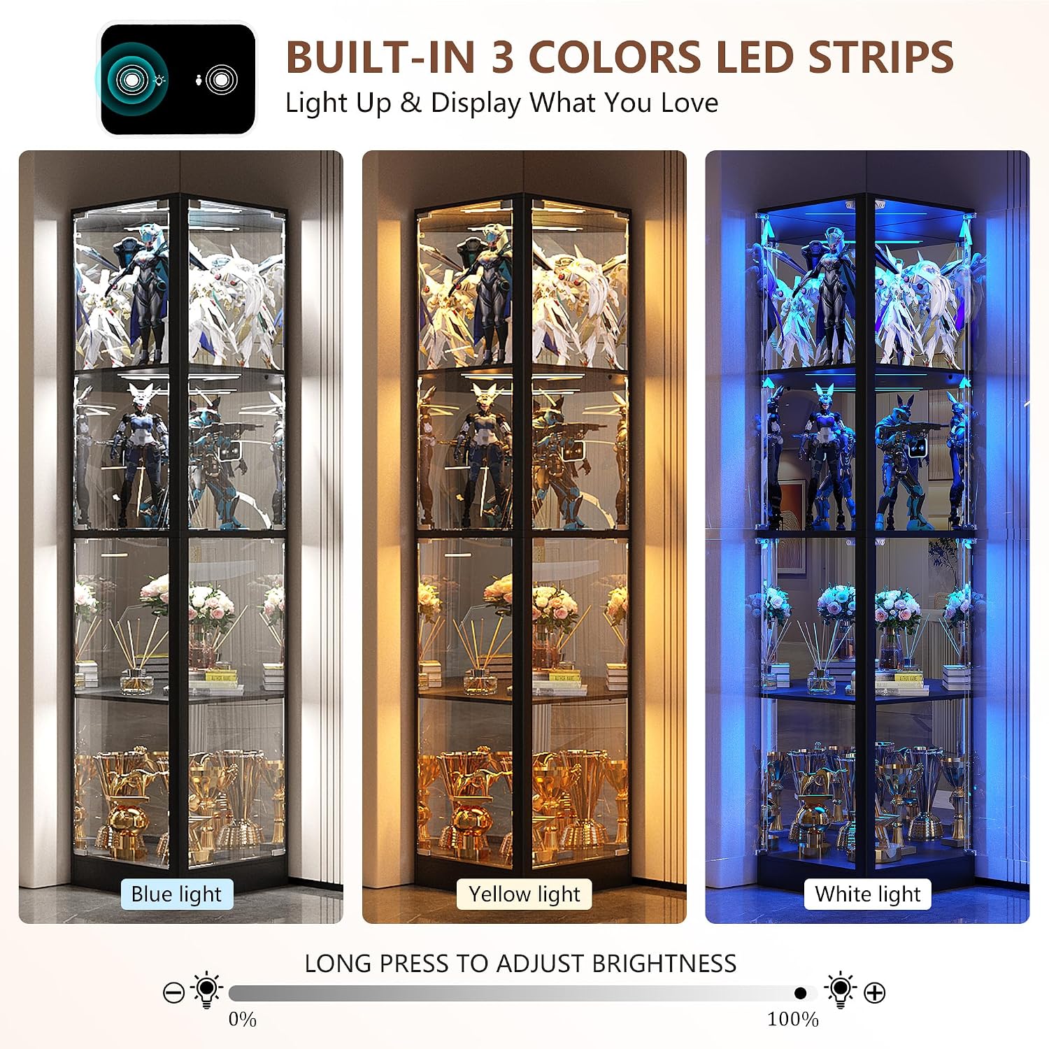 Dystler Corner Display Cabinet with Glass Doors, 68' Display Case with LED Lights, 4-Tier Curio Cabinets for Collectibles, Toys, Books, Modern Storage Cabinet, Black