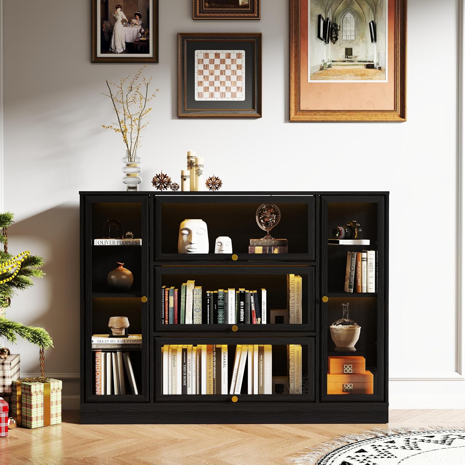 Display Cabinet with Acrylic Glass Doors,Extra Wide Curio Cabinet with LED Lighting for Collectibles, Collectibles Toy Organizers Rack & Display Shelf Display Case, Black
