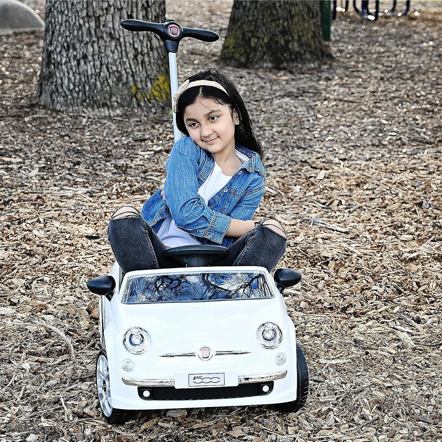 BEST RIDE ON CARS Fiat 500 Push Car for Kids, White, Stroller, Adjustable Handle, Music, Stable Wheels, Safety Belt, Multi-Functional Steering Wheel