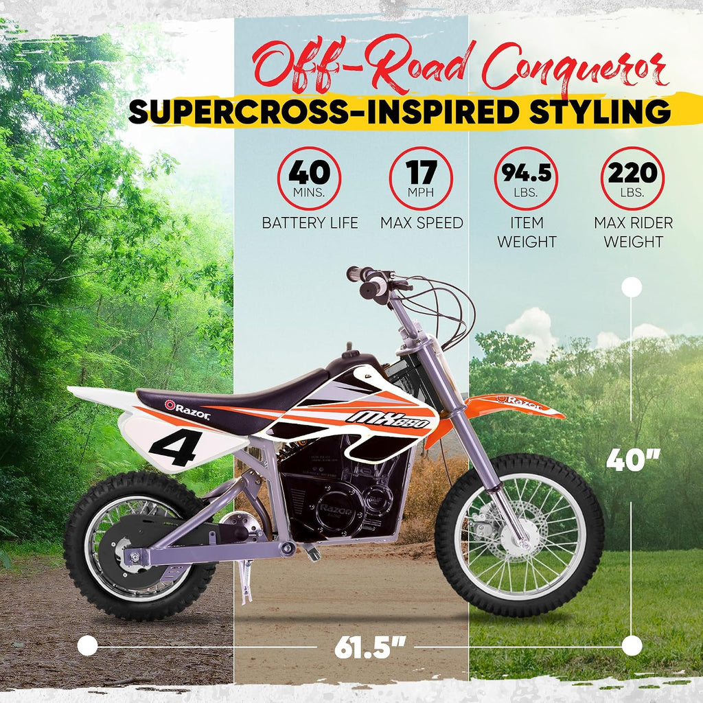 Razor MX650 Dirt Rocket Bike Electric Ride-On for Ages 16+, 220 lb Max Weight, Orange – 36V Battery, Up to 17 Mph, 40-Min Run Time, Twist-Grip Throttle, 16' Front and 14' Rear Pneumatic Tires