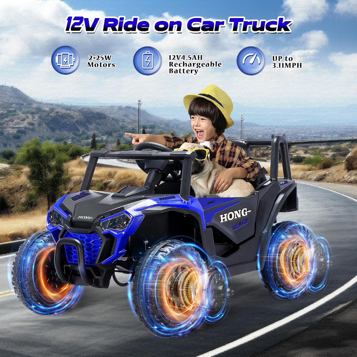 12V Kids Electric Car, Ride on Car Truck with Remote Control, LED Lights, 3 Speed Adjustable, Music, Safety Belt, Soft Start, Horn, Ride on Toys for Toddlers Boys Girls 3-6, Blue