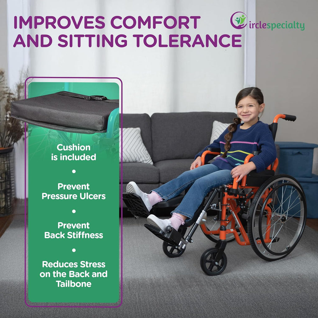 Ziggo 12' Seat Width Pediatric Wheelchair for Kids & Children, Lightweight, Manual Folding Wheelchair w/Safety Belt, Swing-Away Foot Support w/Straps, Desk Length Arm Rests, Free Cushion Accessory