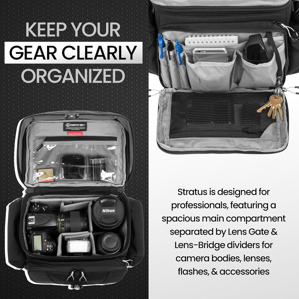 Tamrac Stratus 6 Camera Bag for Photographers, Camera Case for Photography Accessories, Shoulder Bag for DSLR and Mirrorless Cameras, Crossbody Camera Bag with Tripod Holder Strap - Black