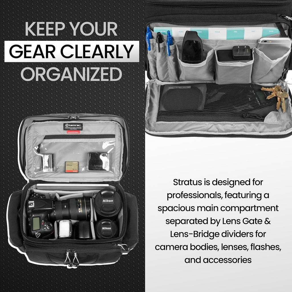 Tamrac Stratus 8 Camera Bag for Photographers, Camera Case for Photography Accessories, Shoulder Bag for DSLR and Mirrorless Cameras, Crossbody Camera Bag with Tripod Holder Strap - Black