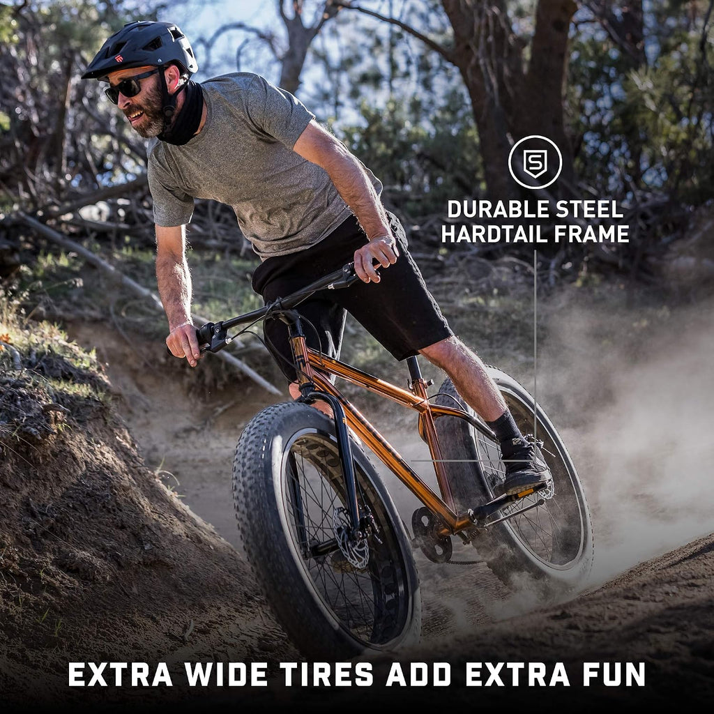Mongoose Argus Trail or ST Fat Tire Mountain Bike, 20, 24 or 26 Inch Bike for Kids and Adults, 7 or 16 Speed, Aluminum or Steel Frame, Knobby Mountain Fat Tires, Mechanical Disc Brakes