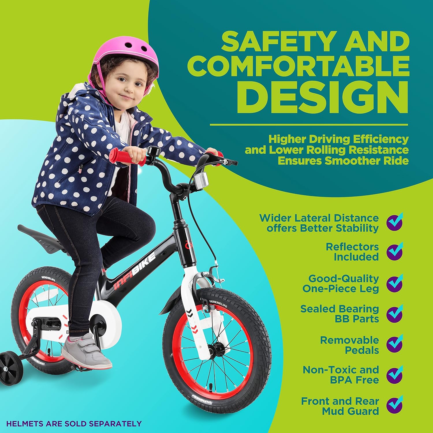 SereneLife Kids Bike with Training Wheels - Toddlers Bicycle w/Adjustable Seat Height, Alloy Steel Frame, Dual Brake System, Full Chain Guard, Reflector, Bell, Kickstand