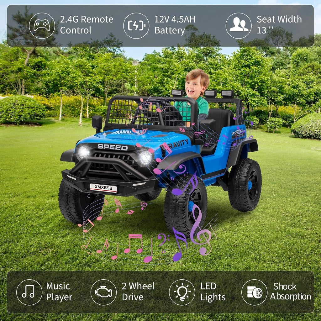 12V Kids Ride on Car Truck, Kids Electric Vehicles Car Ride on Toy Extra Wide Seat and Legroom for Toddlers with Remote Control, 3 Speeds, LED Light, Music, USB for Children 3-6 Years, Blue