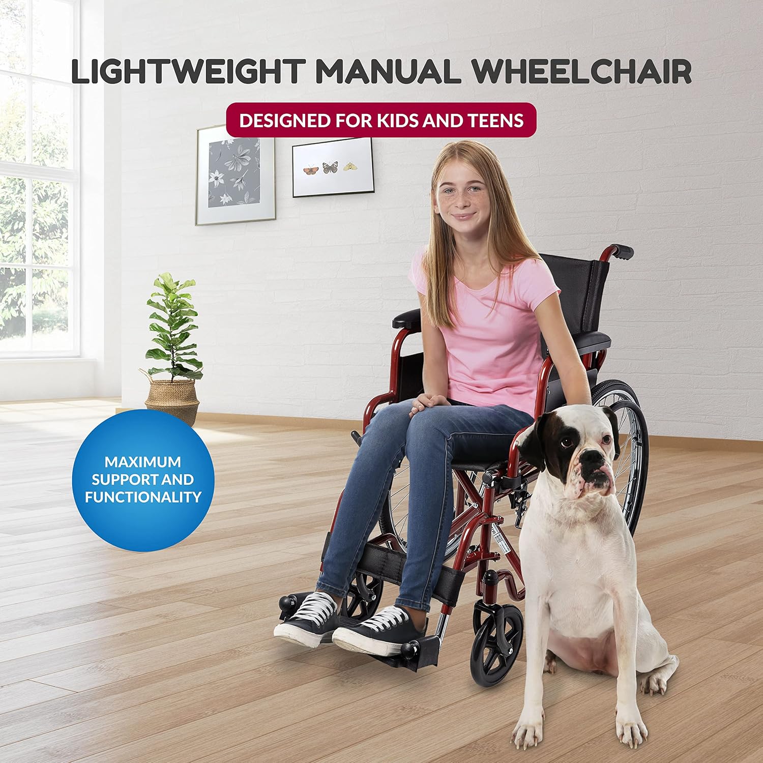 Ziggo 14' Seat Width Pediatric Wheelchair for Kids & Children, Lightweight, Manual Folding Wheelchair w/Safety Belt, Swing-Away Foot Support w/Straps, Desk Length Arm Rests