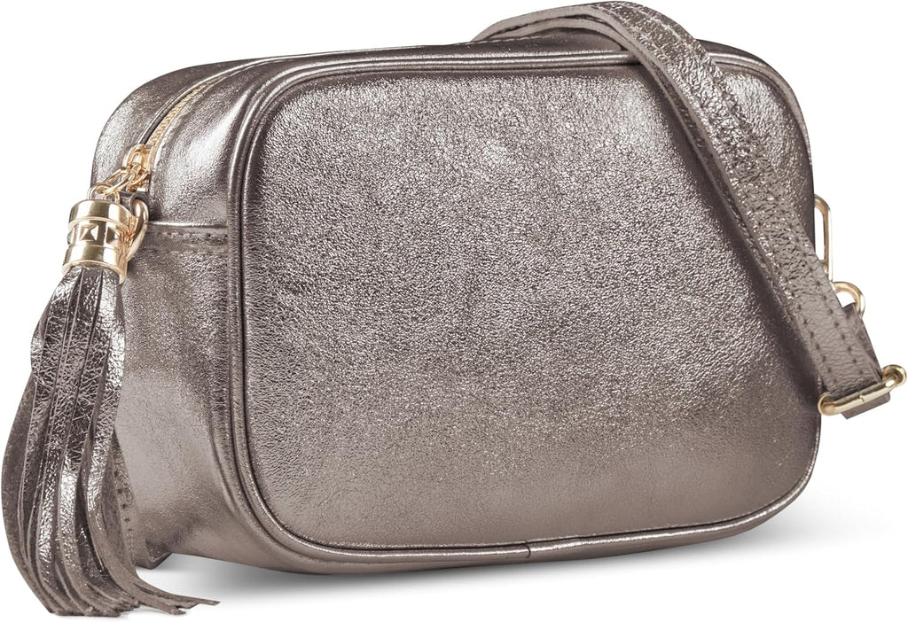 Italian Genuine Metallic Suede Crossbody Bag for Women with Zipper | Small Leather Camera Purse Shoulder Handbag Pocketbook