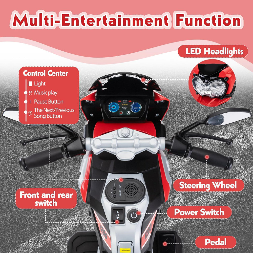 TOBBI Kids Motorcycle Electric Dirt Bike Toddler Motorcycle with Training Wheels 12V Ride on Toys Battery Powered Motor Bike w/Music Headlights for Children, Red